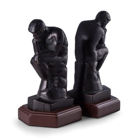 Cast Metal Thinker Bookends with Bronzed Finish on Wood Base Set of 2