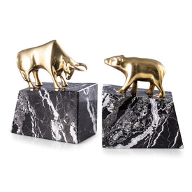 Stock Market Brass Bull and Bear Bookends on Black Zebra Mable Base Set of 2
