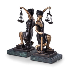 Bronze Kneeling Lady Justice Bookends on Green Marble Base Set of 2