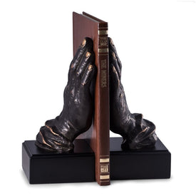 Cast Metal Hands Bookends with Bronzed Finish on Black Wood Base Set of 2