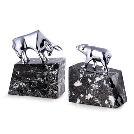Stock Market Silver-Plated Bull and Bear Bookends on Black Zebra Mable Base Set of 2