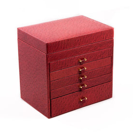 Ostrich Leather Five-Drawer Jewelry Chest with Removable Travel Case and Top Tray with Mirror - Red