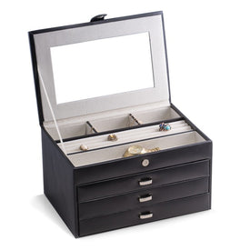 Leather Four-Level Three-Drawer Jewelry Box with Multi Compartments and Snap Closure - Black