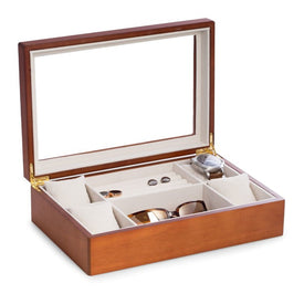 Wood Valet and Watch Box with Glass Top and Soft Velour Lining - Cherry