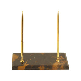 Gold-Plated Double Pen Holder on Tiger Eye Marble Base