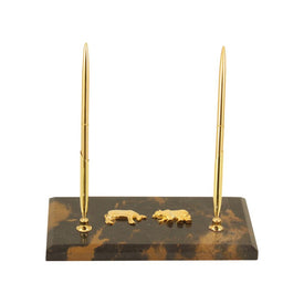 Gold-Plated Double Pen Holder on Tiger Eye Marble Base with Stock Market Emblem