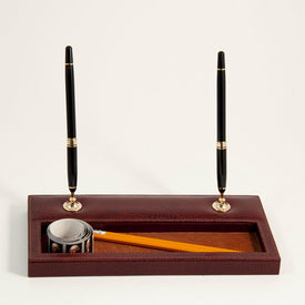 Leather Double Pen Stand with Gold-Plated Accents - Tan