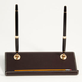 Leather Double Pen Stand with Gold-Plated Accents - Coco Brown