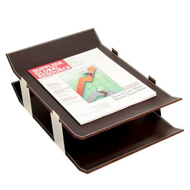 Leather Two-Tier Letter Tray with Gold-Plated Accents - Coco Brown