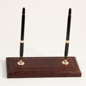 Croco Leather Double Pen Stand with Gold-Plated Accents - Brown