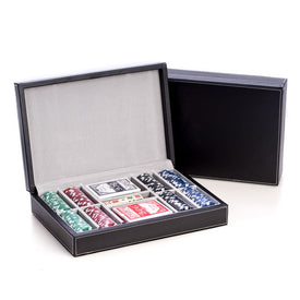 Poker Set with 200 Poker Chips, Two Decks of Playing Cards, and Five Dice in Black Leather Case
