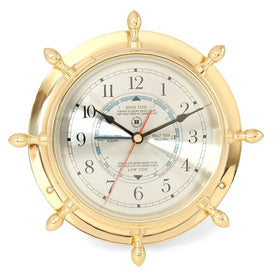 Lacquered Brass Ship's Wheel Tide and Time Quartz Clock with Beveled Glass