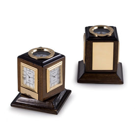 Lacquered Walnut Wood Three Time Zone Revolving Desk Clock with Compass Top and Engraving Plates