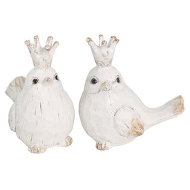 5.5" x 3.5" x 5.5" White Polyresin Bird Sculptures with Crowns Set of 2