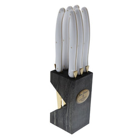 Jean Dubost Laguiole New Age Six-Piece Steak Knives with White and Gold Handles in Block