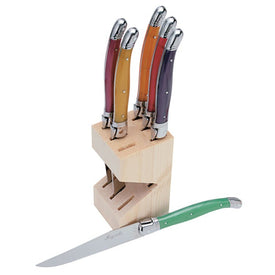 Jean Dubost Laguiole Six Steak Knives with Multi-Color Handles in Wood Block