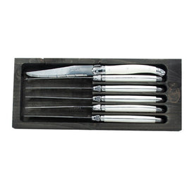 Jean Dubost Laguiole Six Steak Knives with White Handles in Black Tray