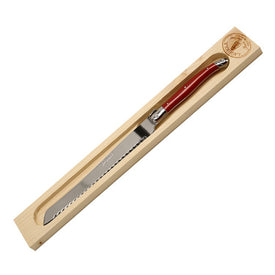 Jean Dubost Laguiole Bread Knife with Red Handle in Wood Box