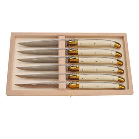 Jean Dubost Laguiole Six Steak Knives with Ivory Handles in Wood Box