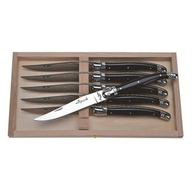 Jean Dubost Laguiole Six Steak Knives with Black Handles in Clasp Box