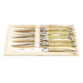 Jean Dubost Laguiole Six Steak Knives with Light Horn Handles in Box