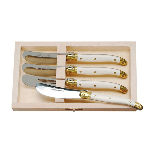 Jean Dubost 6 Steak Knives with Multi-Color Handles in a Clasp Box