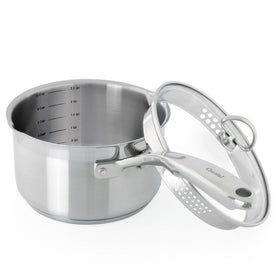 Induction 21 Steel Stainless Steel 2.5-Quart Saucepan with Pour Spout and Strainer glass lid