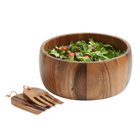 Calabash 12" Wood Salad Serving Bowl with Pair of Salad Serving Hands