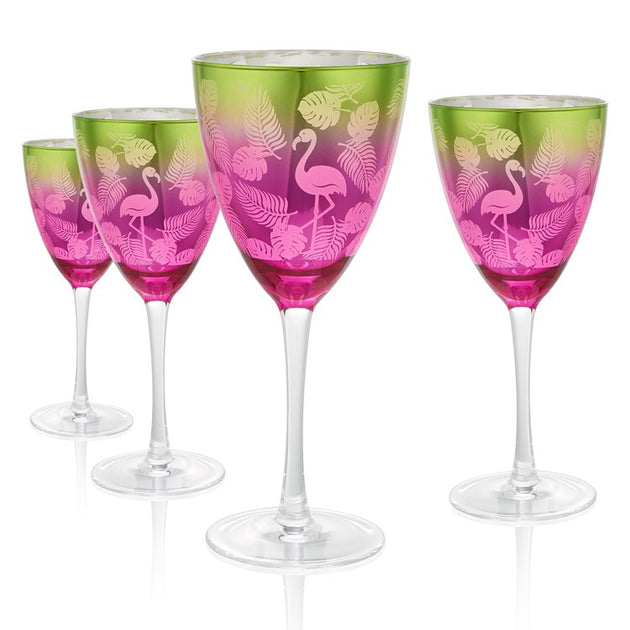 4pc SET Flamingo Acrylic Wine/Cocktail Glasses, Pink Stems, Tropical NWT