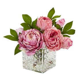 10" Faux Peony in Glass Vase