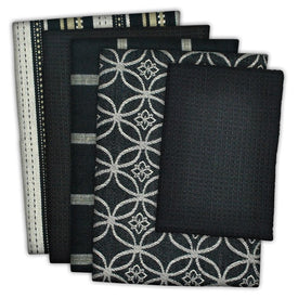 DII Assorted Black Dish Towels and Dish Cloth Set of 5