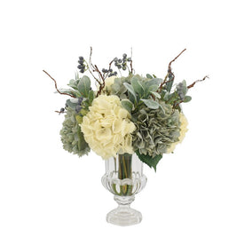 23" Artificial Blue and White Hydrangeas in Clear Glass Pedestal Vase