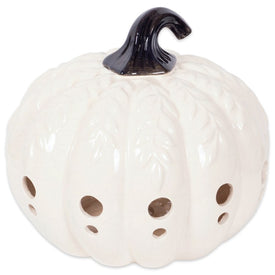 White Large Pumpkin with Leaves Lantern