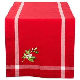 Red Embroidered Mistletoe Corner with Border 14" x 72" Table Runner
