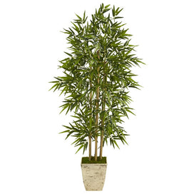 65" Bamboo Artificial Tree in Country White Planter