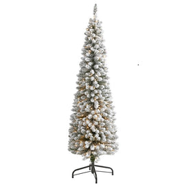 6' Flocked Pencil Artificial Christmas Tree with 300 Clear Lights and 438 Bendable Branches