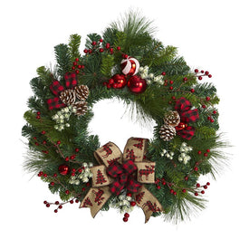 24" Christmas Pine Artificial Wreath with Pine Cones and Ornaments