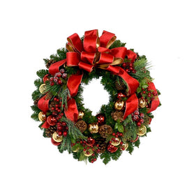24" Artificial Wreathe with Gold/Red Balls, Red Berry Picks, Pine Cones, and Red Ribbon
