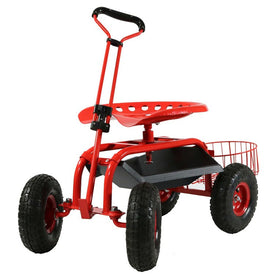 Red Rolling Cart with Steering Handle Swivel Seat and Planter Basket