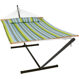 Two-Person Freestanding Quilted Hammock with Spreader Bars and Stand - Blue and Green