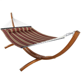 Quilted Two-Person Hammock with 12' Curved Wood Stand - Red Stripe