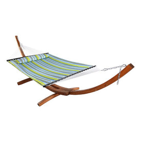 Quilted Fabric Two-Person Hammock with 13' Arc Wood Stand - Blue and Green