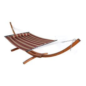 Quilted Two-Person Hammock with 13' Curved Wood Stand - Red Stripe