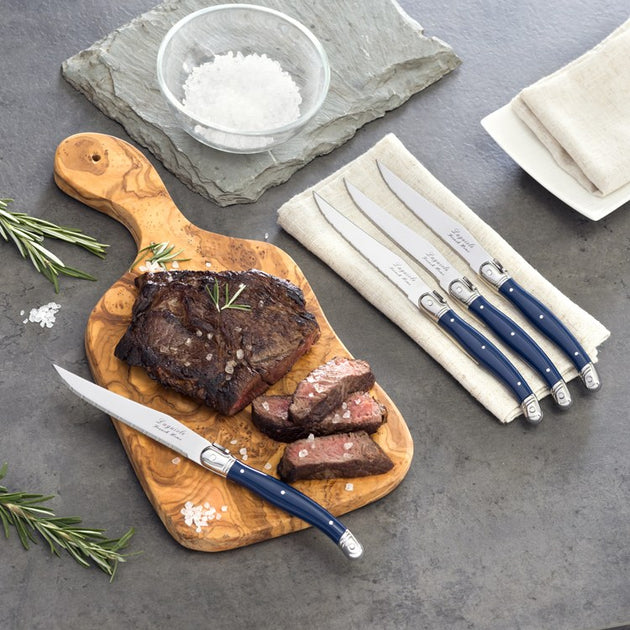 Jean Dubost 6 Steak Knives Pink Handles in Block