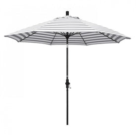Sun Master Series 9' Patio Umbrella with Matted Black Aluminum Pole Fiberglass Ribs Collar Tilt Crank Lift and Olefin Gray White Cabana Stripe Fabric