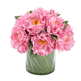 12" Artificial Pink Peonies Arranged in Glass Vase with Grass Blades and Acrylic Water