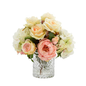 13" Artificial Assorted Roses in Etched Glass Vase