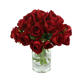 14" Artificial Red Roses in Glass Vase with Acrylic Water