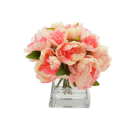9" Artificial Simple Pink Peony Arrangement in Decorative Glass Vase with Acrylic Water