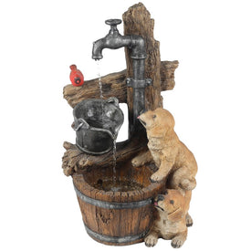 Puppies and Water Pump Resin Outdoor Patio Water Fountain with LED Light